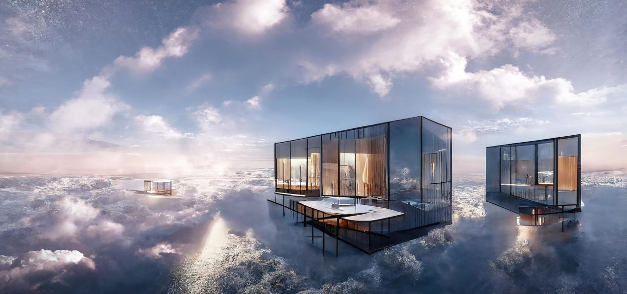 cloud-architecture-abstract-futuristic-landscape-clouds-sunset-reflection-water-modern-glass-buildings-3d-illustration